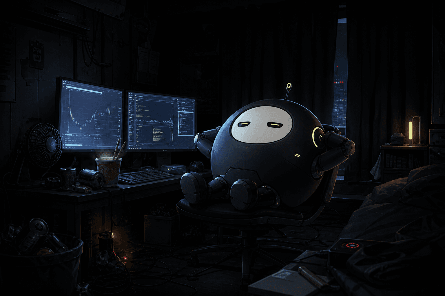 Original round NEET robot relaxing at a computer in a dark bedroom filled with monitors, noodles, cables, and a desk fan